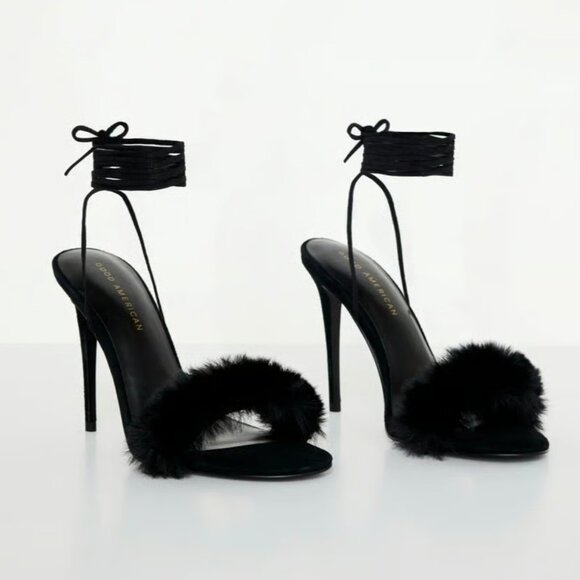 NEW GOOD AMERICAN Fluff Wrap Heeled Sandals for women, in black 7254j2 - Picture 2 of 8